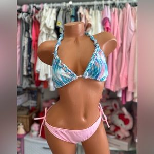 Sexy Pink & Pastel Stripped Braided Triangle Top Bikini M